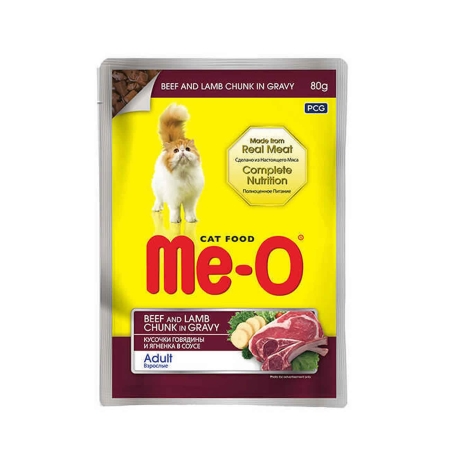 Me-O Pouch Sos İçinde Parça Dana Etli & Kuzu Etli Kedi Yaş Mama 80 gr (12 adet)