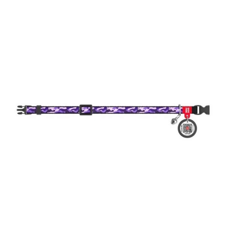 Nylon cat collar with QR passport, "Purple camo" design, plastic fastex, W 10 mm, L 20-30 cm