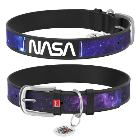 WAUDOG Design genuine leather dog collar with QR passport, "NASA21" design, XS, W 12 mm L 21-29 cm black