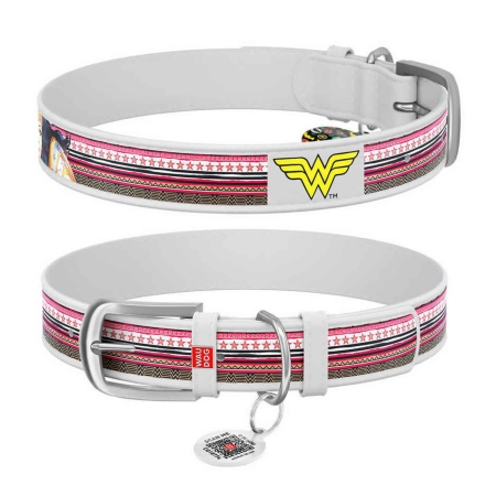 WAUDOG Design genuine leather dog collar with QR passport, "Wonder Woman" design L 26-35 cm white